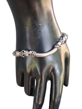 Vintage Bali Style Antique Silver Curved Bar Faceted Grey Crystal Clasp Bracelet